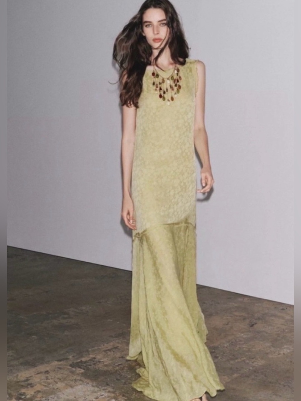 NWT ZARA 2025 LIGHT GREEN JACQUARD LONG DRESS ZW COLLECTION SIZE XL
